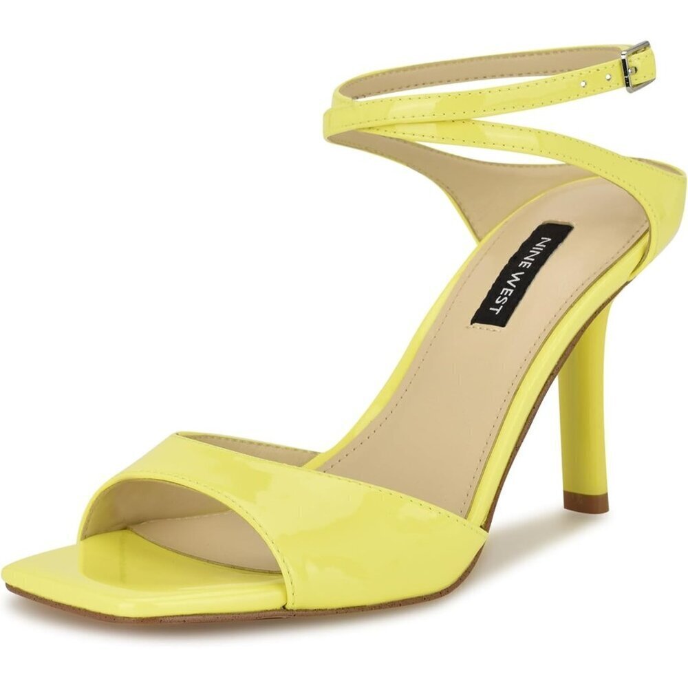 Nine West Women Yellow Patent Faux Leather Open Squared Toe Heels Sandal